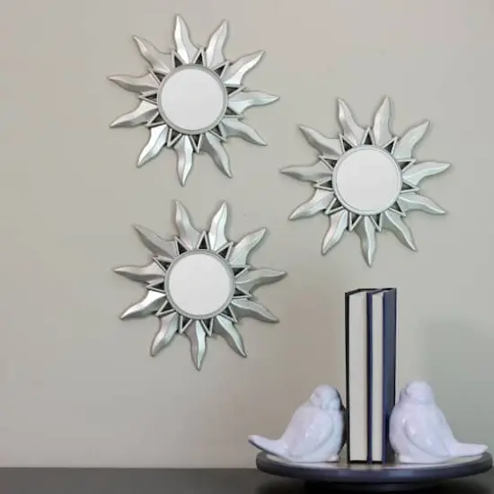 9.5" Mayan Sunburst Matte Silver Round Mirror Set {5}