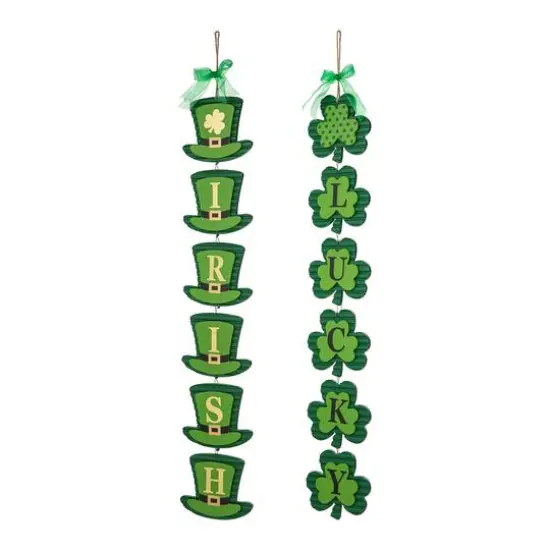 Glitzhome&reg; 30" Set of 2 St. Patrick's Wooden Shamrock / Leprechaun Hats Door Hanger {6}