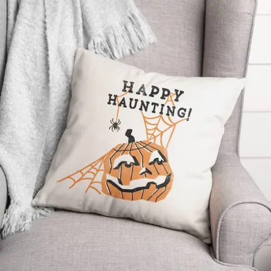 Mid Mod Pumpkin Happy Haunting Spun Poly Throw Pillow {3}