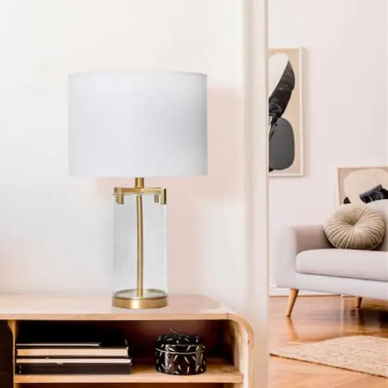 Hello Honey&reg; Glass & Metal Brushed Gold Lamp with White Linen Shade {4}