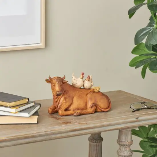 11.5" Copper Cow Decorative Sculpture with Sitting Roosters & Chicks {9}