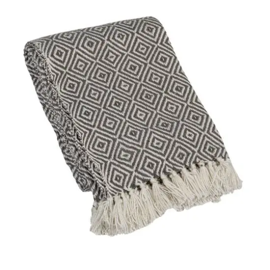 Hello Honey&reg; Charcoal & Cream Geometric Hand-Woven Reclaimed Fabric Throw with Fringe {1}