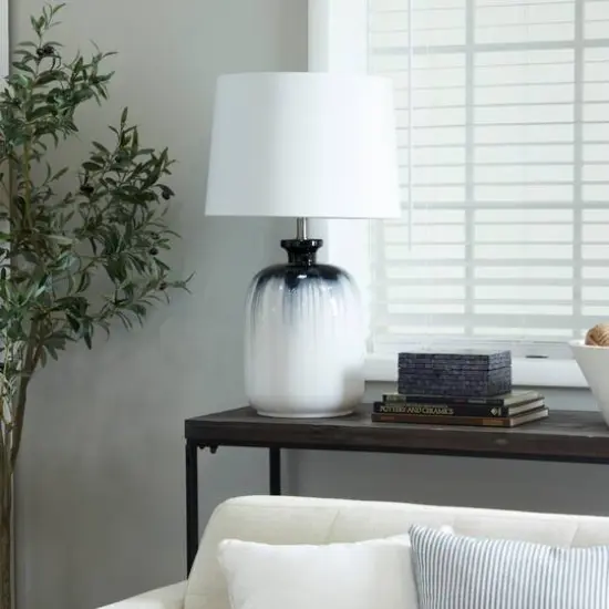 White Glass Gourd Style Base Table Lamp with Drum Shade 17" x 17" x 29" {10}