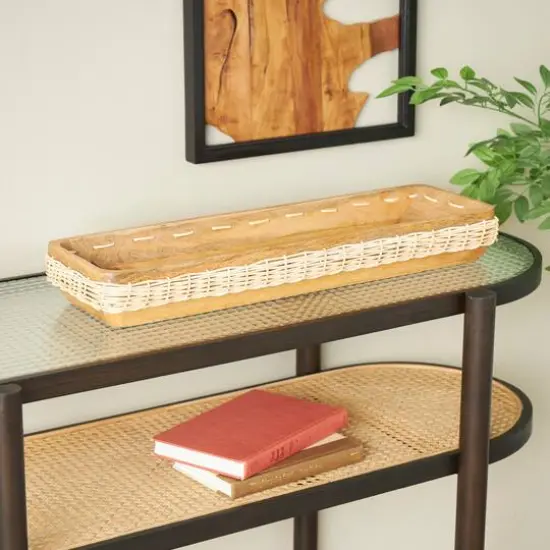24.5" Brown Handmade Wooden Tray with Woven Seagrass Accent {3}