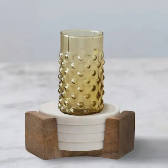 Hello Honey&reg; Round Marble Coasters with Mango Wood Holder Set {4}