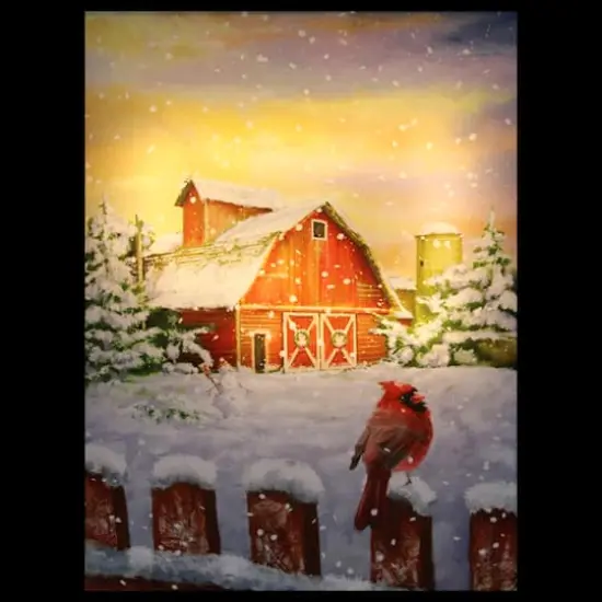 LED Back Lit Snowy Sunset Barn Scene Christmas Wall Art {4}