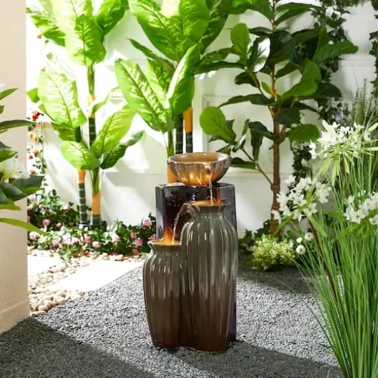 Glitzhome&reg; 26.75" 3-Tier LED Fluted Textured Ceramic Outdoor Floor Fountain Olive Green and Brown {3}