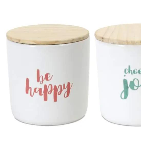 Happy Sentiment Stoneware Canisters with Wood Lids Set {4}