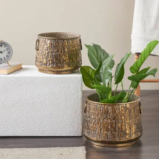 Brass Metal Textured Planter with Ring Handles Set {3}