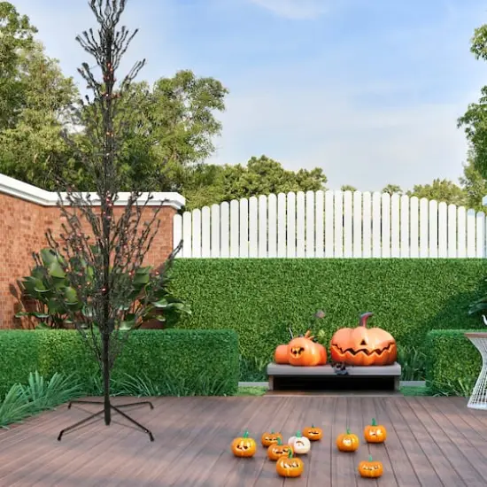 9ft. Pre-Lit Black Cascade Outdoor Halloween Twig Tree, Orange Lights {4}