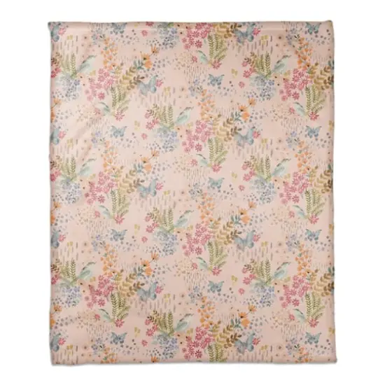 Butterfly Bird Floral Coral Fleece Blanket Pink {1}
