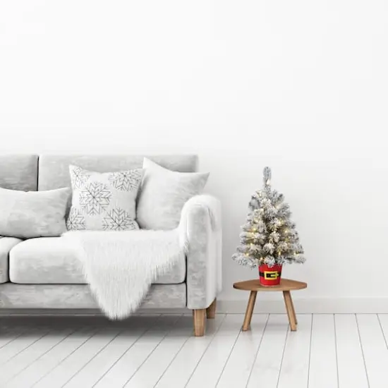 20" Pre-Lit Night Night&trade; Snowy Flocked Pine Artificial Tabletop Christmas Tree in Santa Belt Base, Clear LED Lights {3}