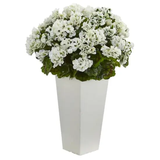 27" White UV Resistant Geranium Arrangement in White Planter {1}