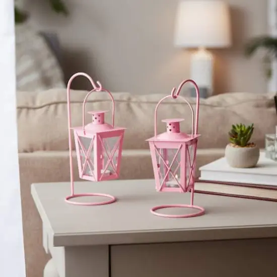 9" Pink Iron Railroad Hanging Lantern Set {5}