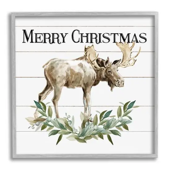 Stupell Industries Merry Christmas Moose Laurel Framed Giclee Art Gray {1}