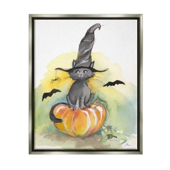 Stupell Industries Witch Cat on Pumpkin Framed Floater Canvas Wall Art Gray {1}