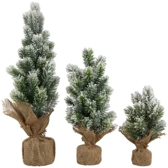 8.5", 12.5", & 17.5" Unlit Flocked Pine Artificial Christmas Trees with Burlap Base Set {1}