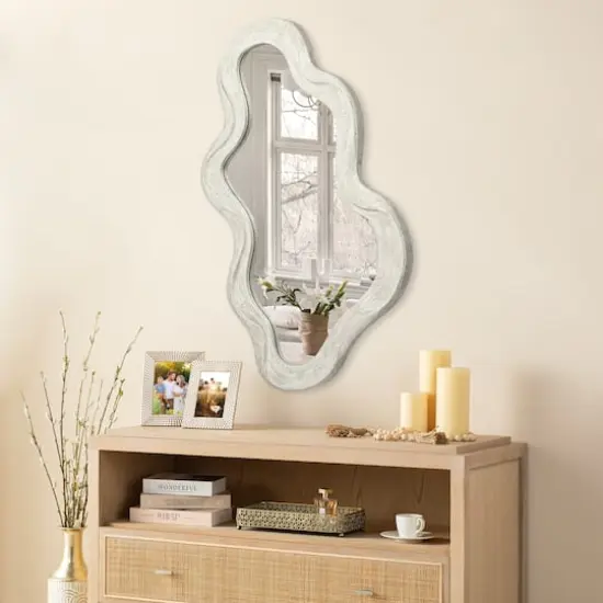 Glitzhome&reg; 31.75" Washed White Wood Frame Wavy Wall Mirror {3}