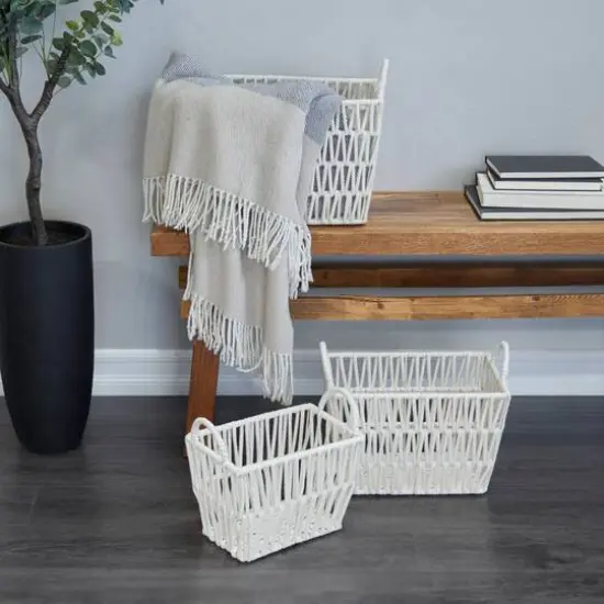 White Cotton Handmade Storage Basket with Handles Set of 3 12", 11", 10" {7}