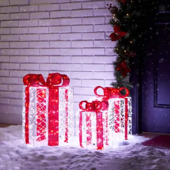 Glitzhome&reg; Lighted Christmas Crystal White 3D Giftbox Outdoor D&eacute;cor Set {5}