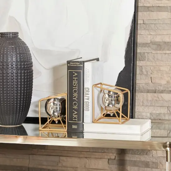 6" Silver Stainless Steel Orb Geometric Bookends with Gold Base Set {8}
