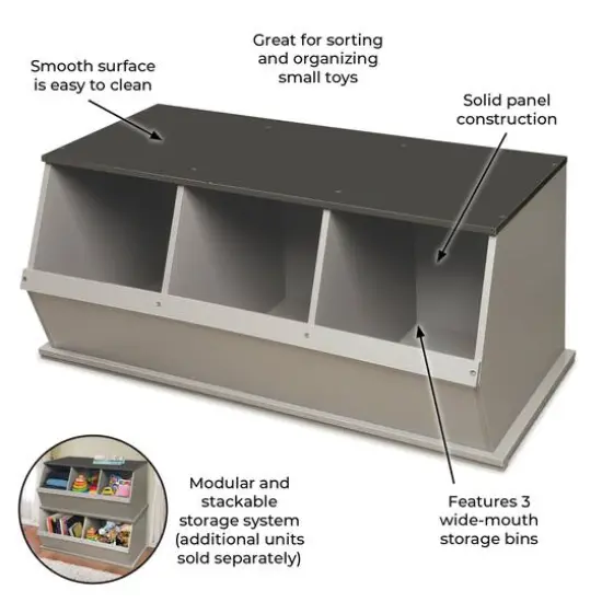 Badger Basket 3 Bin Stackable Storage Cubby Light Gray/Dark Gray {13}