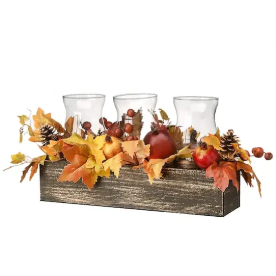 24" Maple Leaves Candleholder Centerpiece with Pomegranates {1}