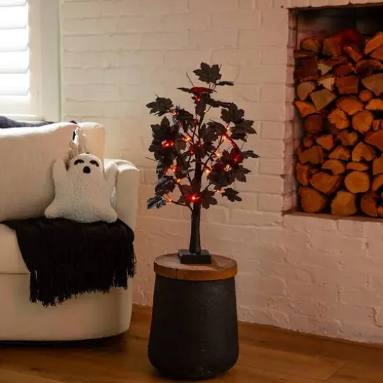 2ft. Pre-Lit Artificial Halloween Black Maple Tree with 24 Orange & Purple LED Lights {9}