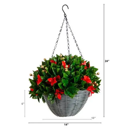 24in. Pre-Lit UV Resistant Artificial Red Tip Photinia & Gold Berries Christmas Hanging Basket with 34 Warm White LED Lights (Indoor/Outdoor) {3}