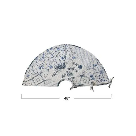 Hello Honey&reg; 48" White & Blue Round Quilted Cotton Patchwork Floral Tree Skirt {6}