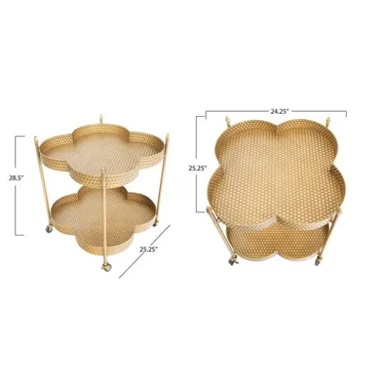 Hello Honey&reg; 28.5" 2-Tier Clover Shaped Metal Bar Cart on Caster Wheels Antique Brass {7}