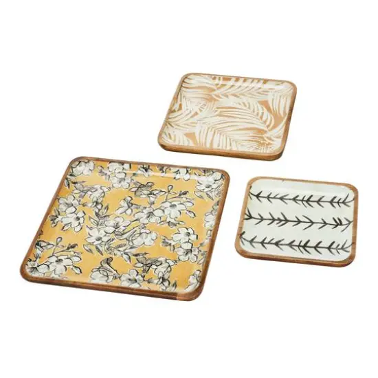 Hello Honey&reg; Square Enameled Acacia Wood Printed Trays Set {3}