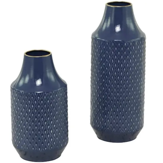 Blue Metal Diamond Embossed Exterior Vase Set of 2 16", 12" {1}