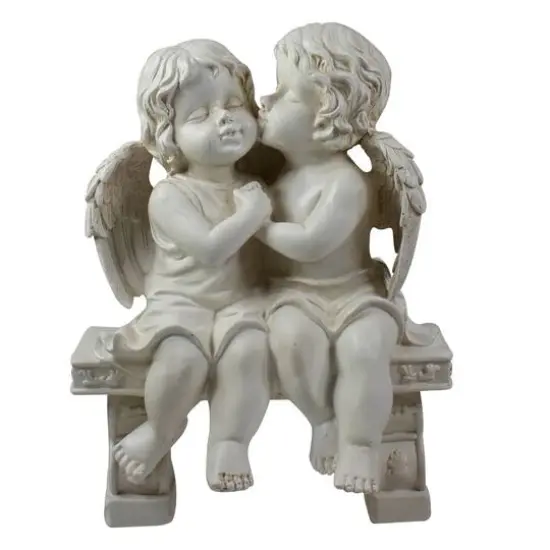 9.75" Kissing Cherubs Sitting on Bench Outdoor Garden Statue {1}