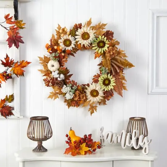 30" Sunflower, White Pumpkin & Berries Fall Wreath {3}