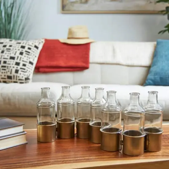 22" Gold Metal Adjustable Bottle Vase with Clear Glass Bottles {11}