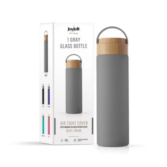 JoyJolt&reg; 20oz. Glass Water Bottle with Carry Strap & Non Slip Silicone Sleeve Gray {9}