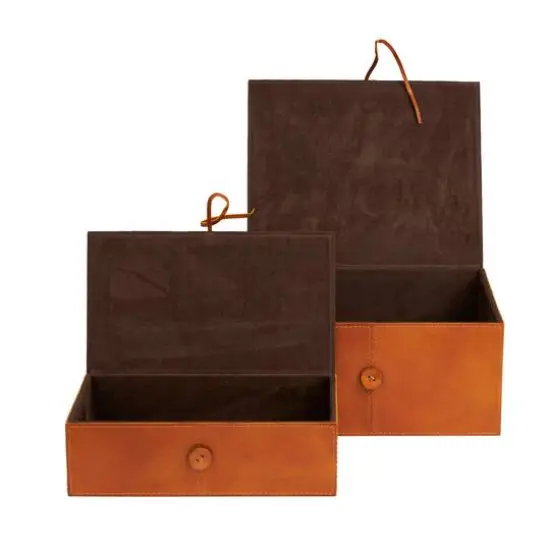 Leather Storage Box with Leather Loop Closure Set Light Brown {4}