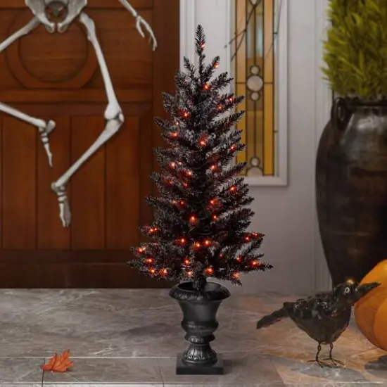 4ft. Pre-Lit Black Artificial Halloween Tree, LED Orange Lights {3}