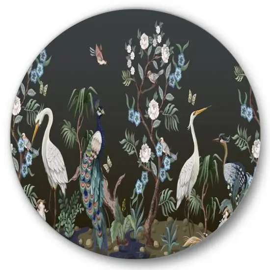 Designart - Chinoiserie With Birds and Peonies IV - Traditional Metal Circle Wall Art {2}