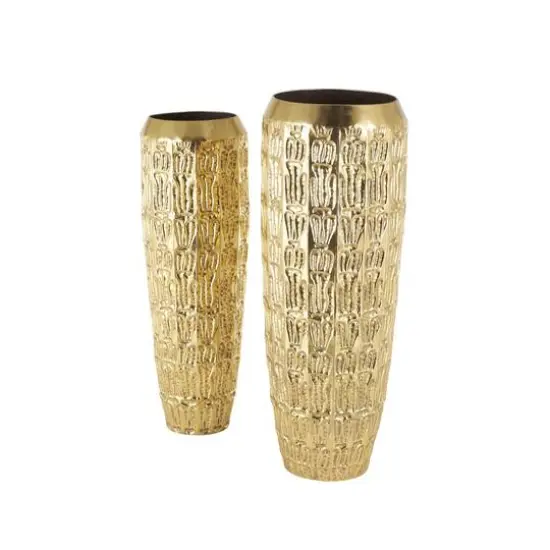 Gold Metal Tall Vase with Grooved Patterns Set {4}