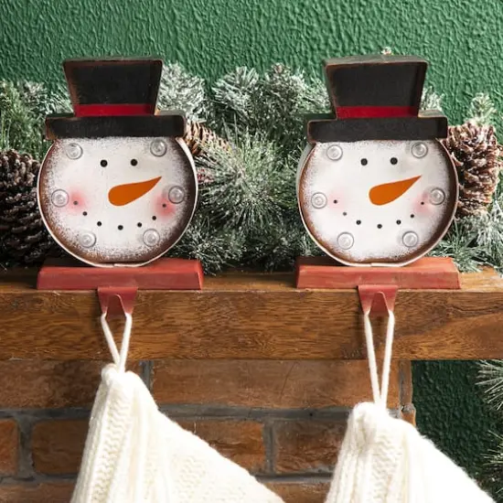 Glitzhome&reg; 7" Marquee LED Snowman Head Stocking Holder Set {4}