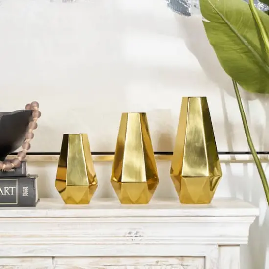 Stainless Steel Geometric Hexagon Shaped Vase Set Gold {3}