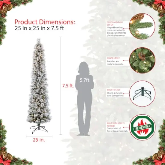 7.5ft. Pre-Lit Flocked Portland Pine Slim Artificial Christmas Tree, Clear Lights {8}