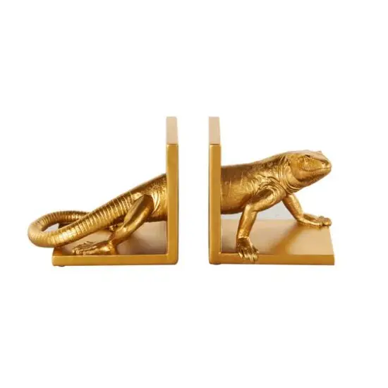 6" Gold Lizard Crawling Decorative Bookend Set {9}