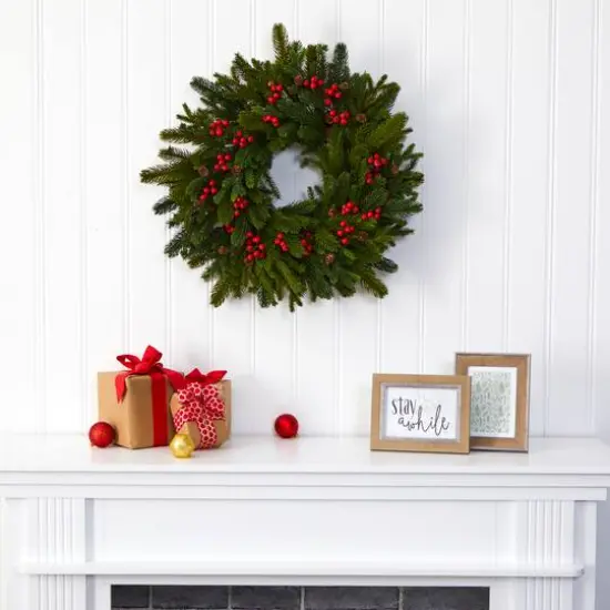22" Pine, Pinecone & Berry Artificial Wreath {3}