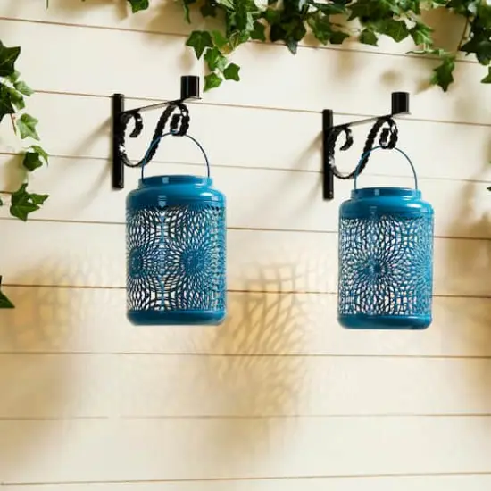 Glitzhome® 8.75" Metal Cutout Solar Powered Hanging Lantern Set Blue {5}