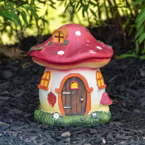 6.25" Red Mushroom House Outdoor Garden Statue {3}