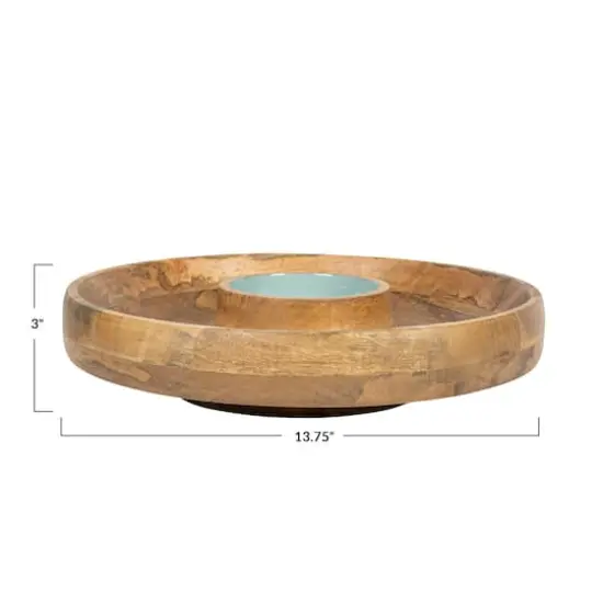 Hello Honey® 13.75" Mango Wood with Blue Enamel Center 2 Section Lazy Susan Server {4}