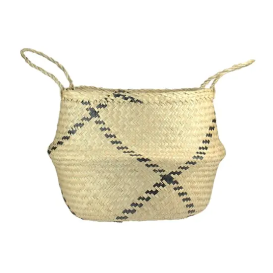 17" Beige & Black Seagrass Belly Basket with Handles {1}